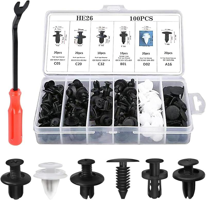 100 pcs Car Clip Retainer Auto Fasteners Push Trim Bumper Retainer Clips Plastic Clips Bumper Kit Remover Push Pin Rivet Screwdriver Car tool