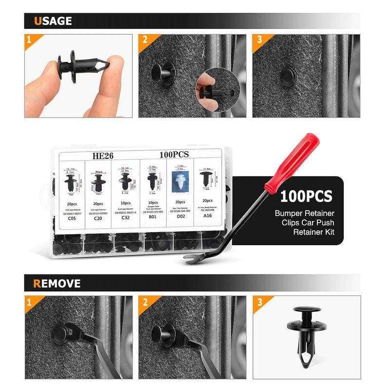 100 pcs Car Clip Retainer Auto Fasteners Push Trim Bumper Retainer Clips Plastic Clips Bumper Kit Remover Push Pin Rivet Screwdriver Car tool