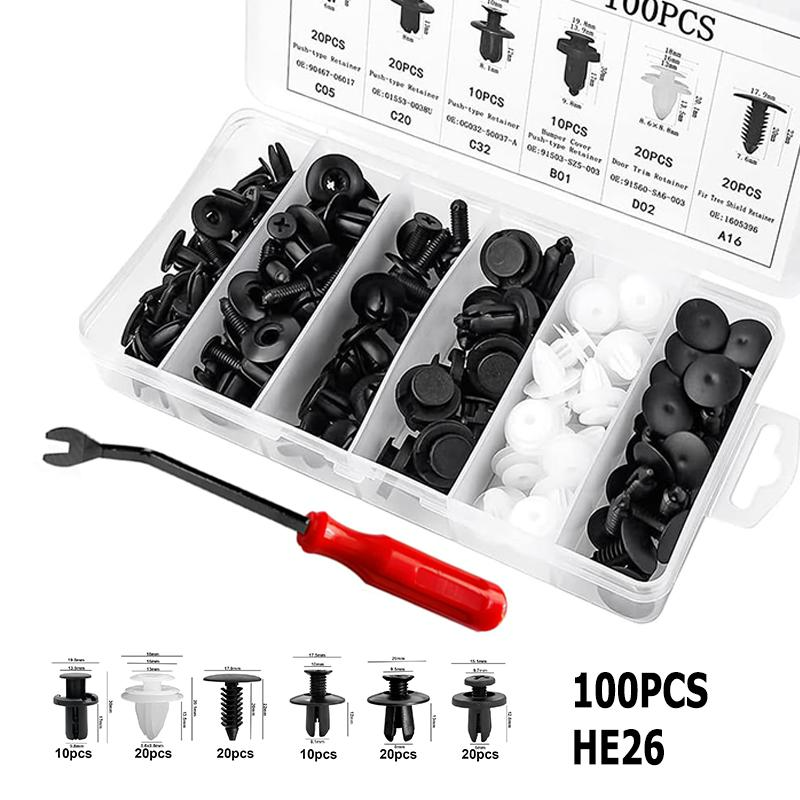 100 pcs Car Clip Retainer Auto Fasteners Push Trim Bumper Retainer Clips Plastic Clips Bumper Kit Remover Push Pin Rivet Screwdriver Car tool