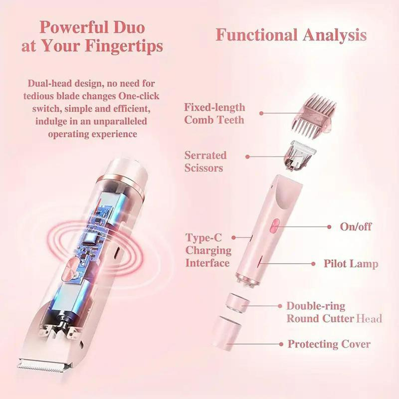Bikini Trimmer for Women, Electric Shaver and Razor Rechargeable 2-in-1 Body and Facial Epilator, Dual Heads for Painless Trimming of Pubic Hair, Face, Underarms and Legs, Summer Gift