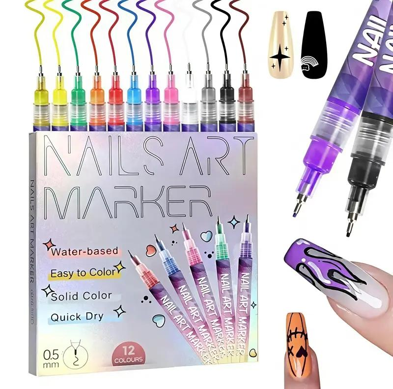 12-Color Nail Art Marker Set – Quick-Drying Acrylic Pens for DIY Manicures & Easy 3D Designs, Ideal for Beginners