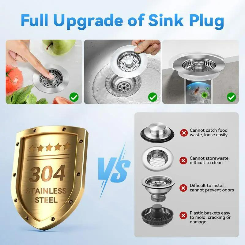 3-in-1 Kitchen Sink Drain Strainer Stainless Steel Sink Plug Deodorizing Anti-Clog Basket Strainer for US Standard 3-1/2 Inch Drains 304 Stainless Steel Quality