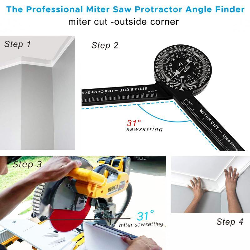 Aluminum Miter Saw Protractor | 7-Inch Rust Proof Angle Finder Featuring Precision Laser Engraved Scales Professional Miter Saw Protractor with Measuring Rulers for Angle Finder Carpentry, Crown Molding Tool & Baseboard building trade men dealsforyoudays
